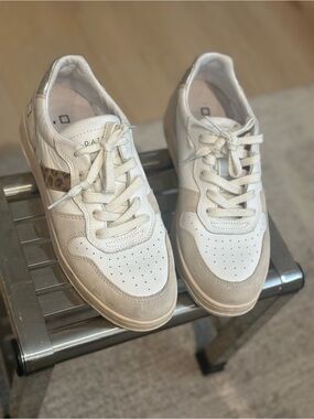 D.A.T.E White Leather Lace-Up Sneakers with Beige Suede Accents